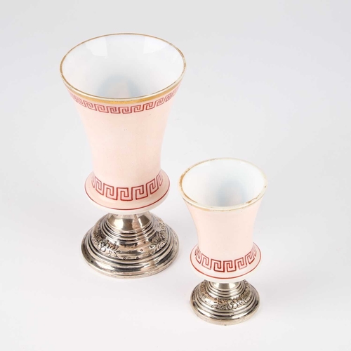 793 - TWO CONTINENTAL OPALINE GLASS AND SILVER GOBLETS, FIRST HALF 19TH CENTURY each waisted body enamel p... 