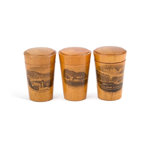 80 - THREE MAUCHLINE WARE GLASS HOLDERS each decorated with a titled and printed scene. (3) Tallest 7.5cm... 