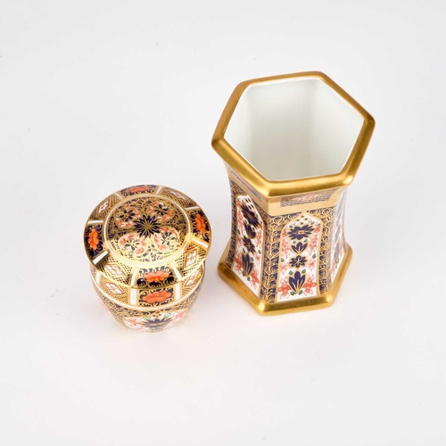 807 - A ROYAL CROWN DERBY IMARI VASE hexagonal; together with a Royal Crown Derby Imari box and cover. (2)... 