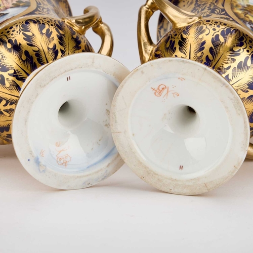 813 - A PAIR OF DERBY PORCELAIN CAMPANA VASES, CIRCA 1810 each ground in cobalt blue, gilded and with a pa... 