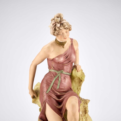 821 - A LARGE ROYAL DUX FIGURAL CENTREPIECE, EARLY 20TH CENTURY modelled as a maiden dipping her toe into ... 