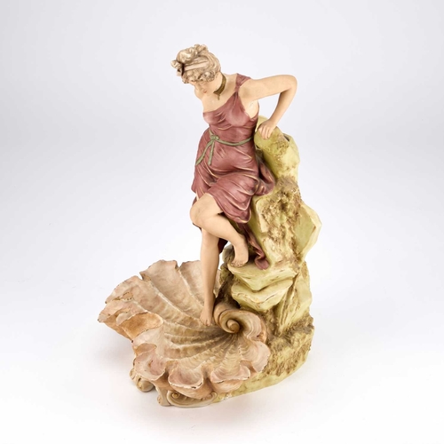 821 - A LARGE ROYAL DUX FIGURAL CENTREPIECE, EARLY 20TH CENTURY modelled as a maiden dipping her toe into ... 