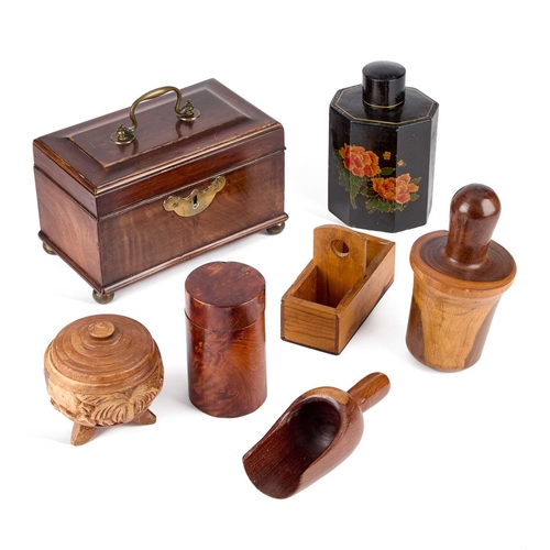 83 - A GROUP OF TREEN including a George III mahogany tea caddy, a lignum vitae pestle, yew wood cylindri... 