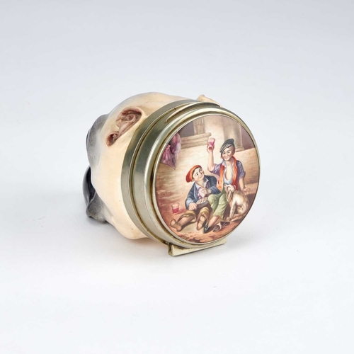 834 - A CONTINENTAL PORCELAIN BONBONNIÃRE the metal-mounted hinged cover, painted after Murillo, features... 