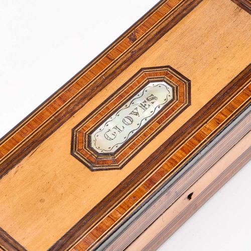 84 - A VICTORIAN INLAID GLOVE BOX rectangular, the hinged cover centred by a mother-of-pearl cartouche in... 