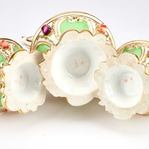 841 - AN EARLY 19TH CENTURY DERBY GARNITURE each painted in pale green, with applied floral sprays, height... 