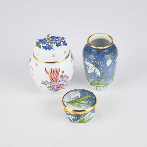 848 - THREE PIECES OF MOORCROFT ENAMEL comprising a box painted with a snowdrop, cased; a limited edition ... 