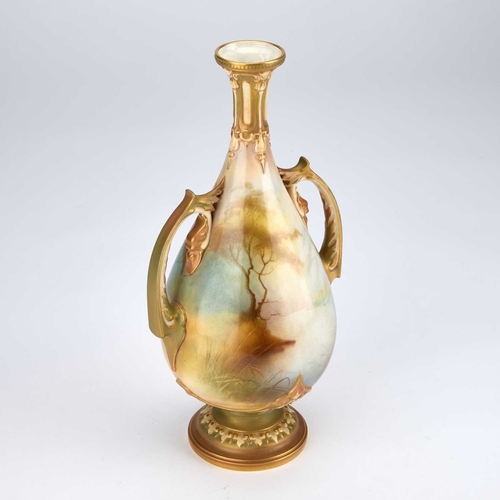 852 - A ROYAL WORCESTER TWO-HANDLED VASE the ovoid body painted with storks within a landscape by A Lewis,... 