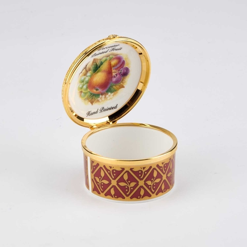 854 - A ROYAL WORCESTER TRINKET BOX circular form, painted with fruit by D. Fuller, signed, black printed ... 