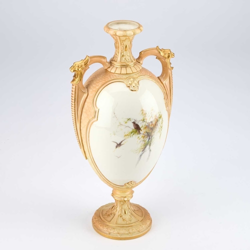 855 - A ROYAL WORCESTER BLUSH IVORY VASE the ovoid body painted with a cottage and birds by C.H.C Baldwin,... 