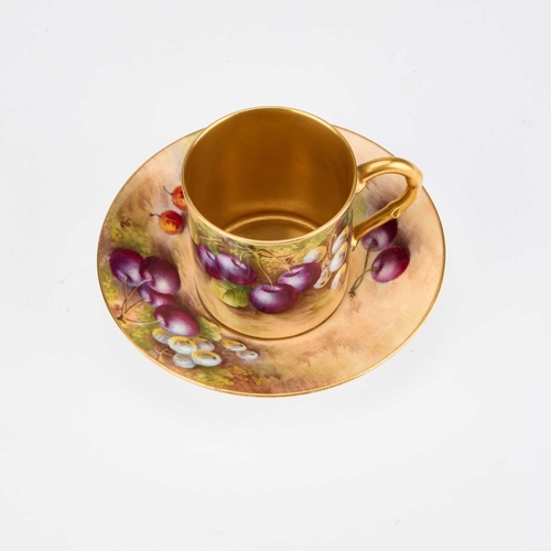 858 - A ROYAL WORCESTER COFFEE CAN AND SAUCER each painted with fruit by E. Townsend, signed, puce marks. ... 