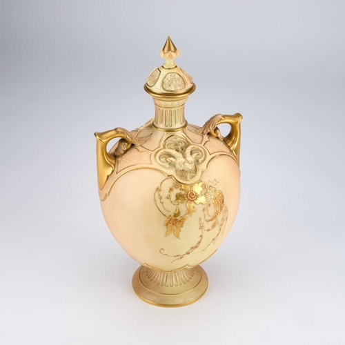 860 - A ROYAL WORCESTER BLUSH IVORY VASE AND COVER the ovoid body gilt-painted with floral sprays, with tw... 