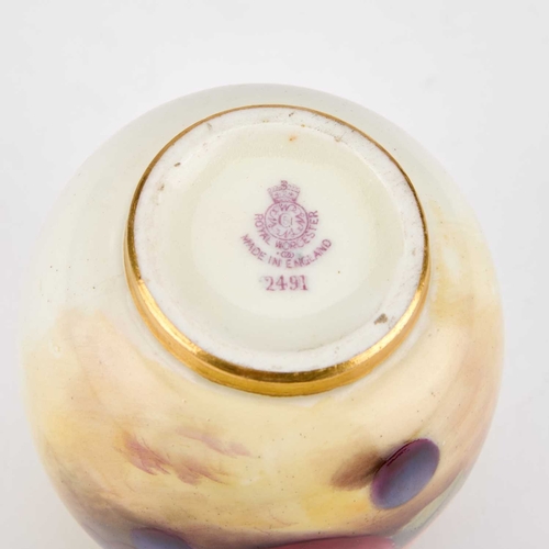 861 - A ROYAL WORCESTER FRUIT-PAINTED VASE unsigned, no. 2491, puce printed factory mark. 7.5cm high... 