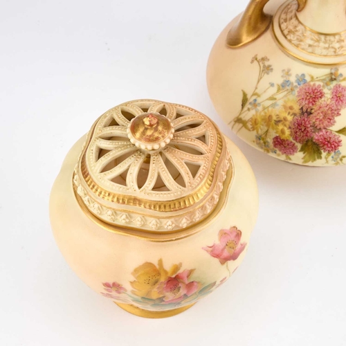 865 - TWO PIECES OF ROYAL WORCESTER BLUSH IVORY comprising a two-handled vase, the squat body painted with... 