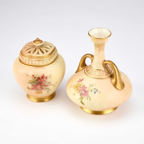 865 - TWO PIECES OF ROYAL WORCESTER BLUSH IVORY comprising a two-handled vase, the squat body painted with... 