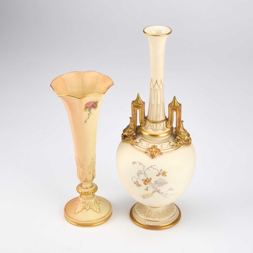 866 - TWO ROYAL WORCESTER VASES the first of fluted trumpet form, painted with floral sprays, puce factory... 