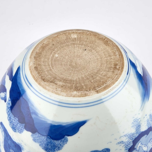 870 - A CHINESE BLUE AND WHITE JARDINIÃRE the deep, rounded sides painted with figures. 16.5cm highNo chi... 