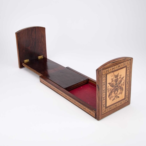 88 - A VICTORIAN ROSEWOOD AND TUNBRIDGE WARE BOOK SLIDE of characteristic form. 39cm long (closed)