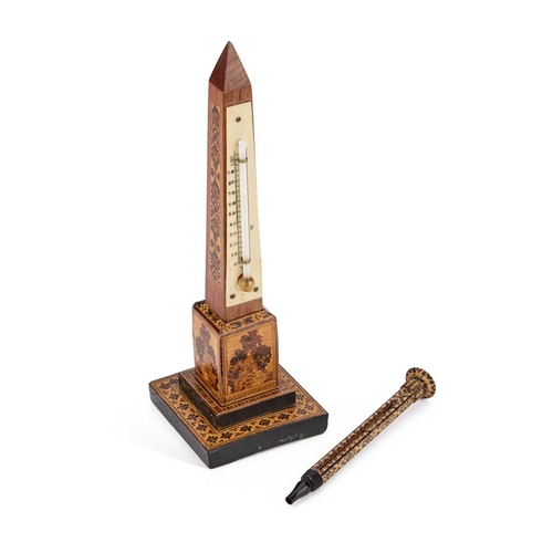 89 - A VICTORIAN TUNBRIDGE WARE DESK THERMOMETER AND A PROPELLING PENCIL the thermometer in the form of a... 