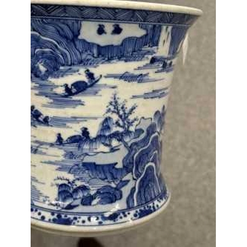 894 - A CHINESE BLUE AND WHITE BRUSHPOT, BITONG of waisted cylindrical form, underglaze blue painted in 'M... 