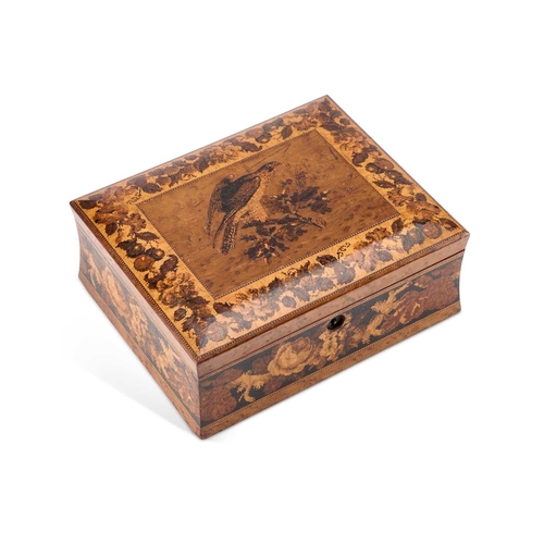 9 - AN UNUSUAL 19TH CENTURY TUNBRIDGE WARE JEWELLERY BOX the hinged lid inlaid with a Goshawk, decorated... 