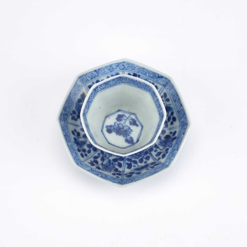 904 - A CHINESE VUNG TAO CARGO BLUE AND WHITE CUP AND SAUCER each of octagonal form, painted with panels o... 