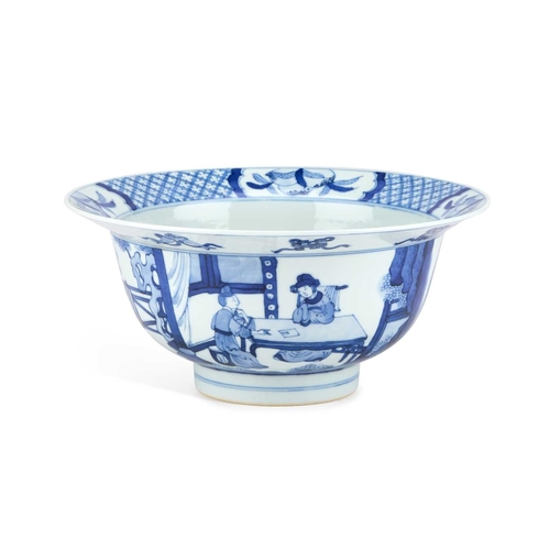 910 - A CHINESE BLUE AND WHITE BOWL with rounded sides and a broad everted rim, painted with figures, bear... 