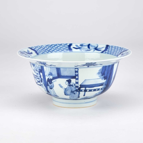 910 - A CHINESE BLUE AND WHITE BOWL with rounded sides and a broad everted rim, painted with figures, bear... 