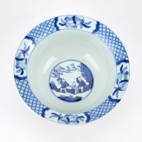 910 - A CHINESE BLUE AND WHITE BOWL with rounded sides and a broad everted rim, painted with figures, bear... 