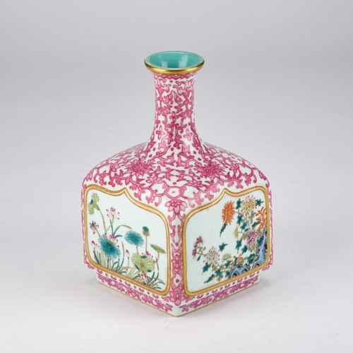 925 - A CHINESE PUCE-DECORATED FAMILLE ROSE VASE bottle-shaped, the waisted neck continuing to a square ba... 