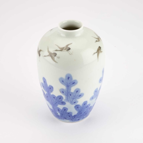 944 - A JAPANESE OVIFORM VASE DECORATED WITH KACHO-GA depicting a flock of egrets flying above stylised pi... 