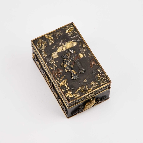 953 - A JAPANESE MIXED METAL BOX Meiji (1868-1912) era, the hinged lid decorated with figures, owls and ot... 