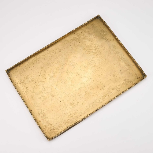 955 - A CHINESE ENGRAVED BRASS TRAY, CIRCA 1900 rectangular with galleried sides, engraved with two figure... 