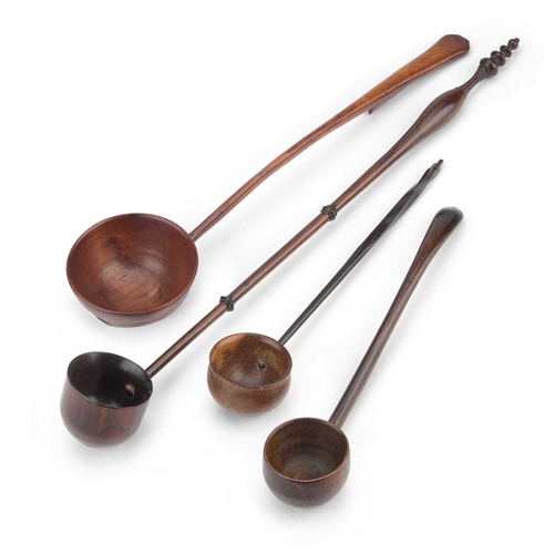 96 - FOUR TREEN TODDY LADLES including an 18th Century Welsh example, etc. (4) Largest 33cm long