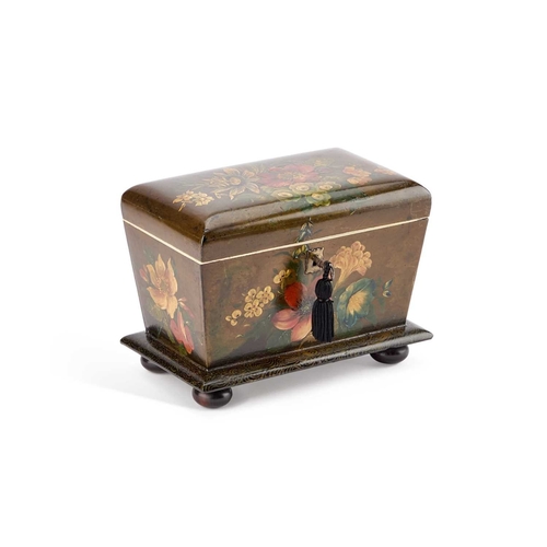 97 - A VICTORIAN PAPIER-MACHE TEA CADDY rectangular, painted with flowers to all sides, the interior with... 