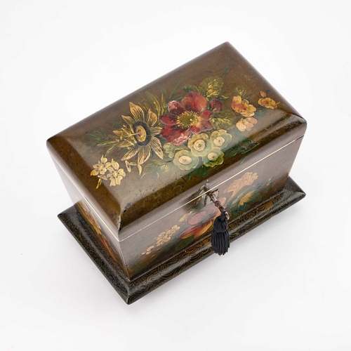 97 - A VICTORIAN PAPIER-MACHE TEA CADDY rectangular, painted with flowers to all sides, the interior with... 