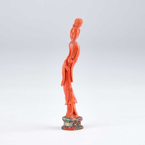 971 - A CHINESE CORAL FIGURE Qing dynasty (1644-1912), the sinuous figure carved in long robes, cased. Fig... 