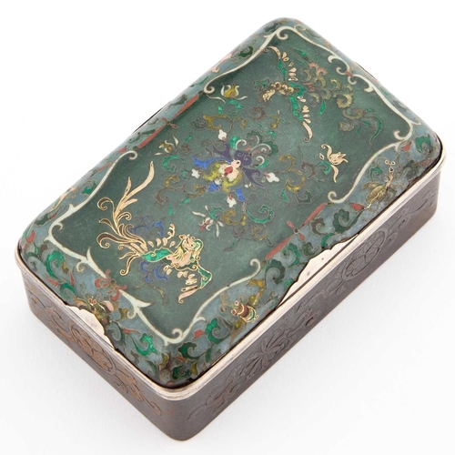 992 - A JAPANESE IRON, SILVER AND CLOISONNÃ ENAMEL BOX Meiji period (1868-1912), rectangular, with a lift... 