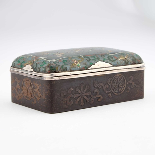 992 - A JAPANESE IRON, SILVER AND CLOISONNÃ ENAMEL BOX Meiji period (1868-1912), rectangular, with a lift... 