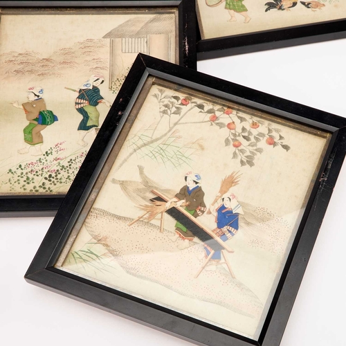 999 - A SET OF SIX JAPANESE SILKWORK PICTURES Meiji (1868-1912) era, each unusually decorated with raised ... 