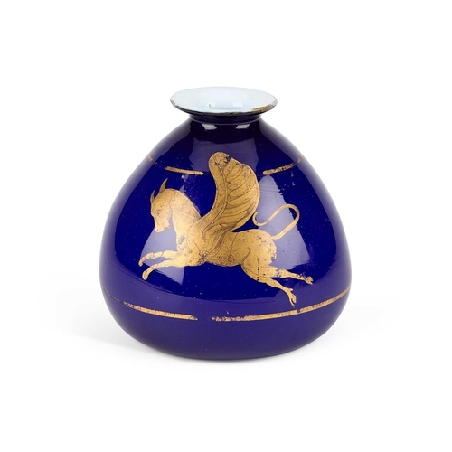 102 - A MOSER BULBOUS BLUE VASE the vase with exterior blue cased on white, decorated with a Pegasus horse... 