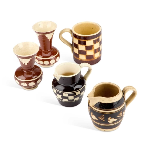 125 - TWO MOCHA WARE STYLE JUGS, A PAIR OF VASES AND A MUG (5) Vases 10cm high