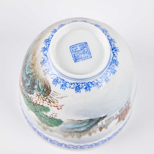 142 - A CHINESE EGGSHELL PORCELAIN BEAKER CUP decorated with mountain and sea scenes, rim and foot borders... 