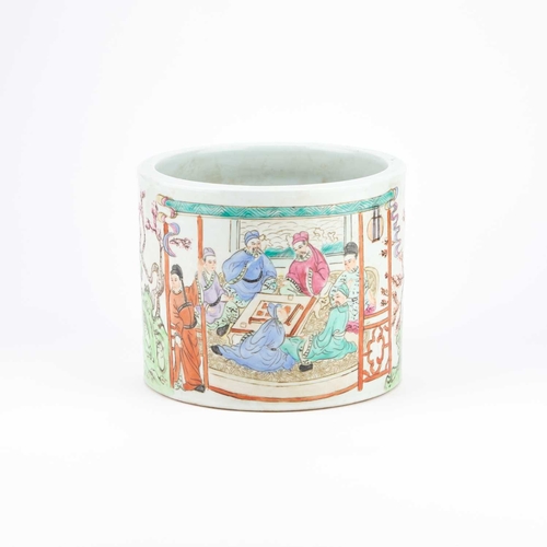 156 - A CHINESE FAMILLE ROSE PORCELAIN BRUSHPOT, BITONG cylindrical, painted with figures, bears a six-cha... 