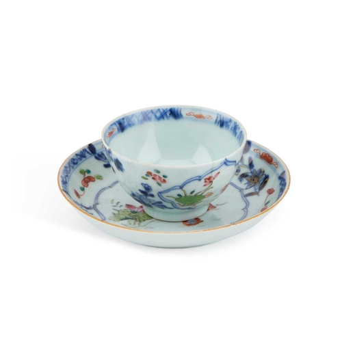 164 - V AN 18TH CENTURY CHINESE FAMILLE ROSE TEA BOWL AND SAUCER the tea bowl decorated with two reserves ... 