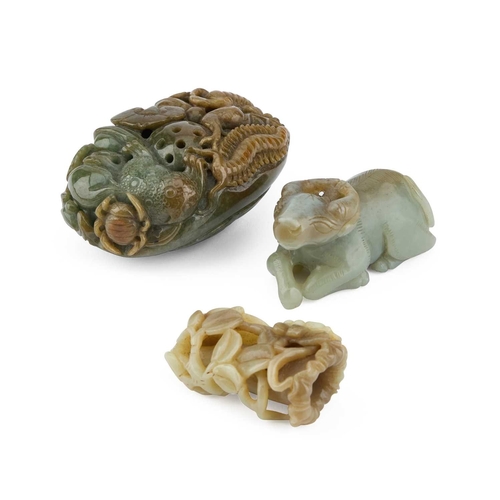 168 - THREE CHINESE JADE CARVINGS comprising a recumbent ram; a carving of an insect on flowers; and anoth... 