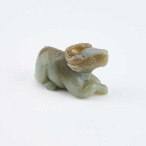 168 - THREE CHINESE JADE CARVINGS comprising a recumbent ram; a carving of an insect on flowers; and anoth... 