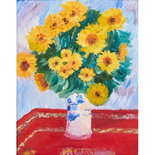 215 - ‡ JOHN NICHOLSON (CONTEMPORARY) SUNFLOWERS IN A VASE Oil on board
 
 (50cm x 40cm)... 