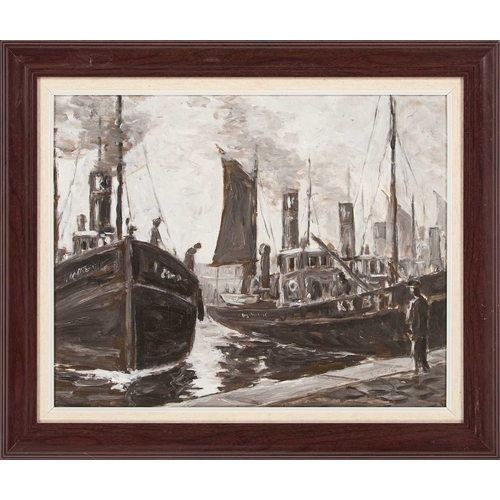 217 - ‡ C. JACK (CONTEMPORARY) FOUR OILS INCLUDING FISHING BOATS AND FIGURES Signed
Oil on board
 (Each 39... 