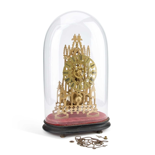 265 - A BRASS SINGLE-FUSEE SKELETON CLOCK under a glass dome. 44cm high overall